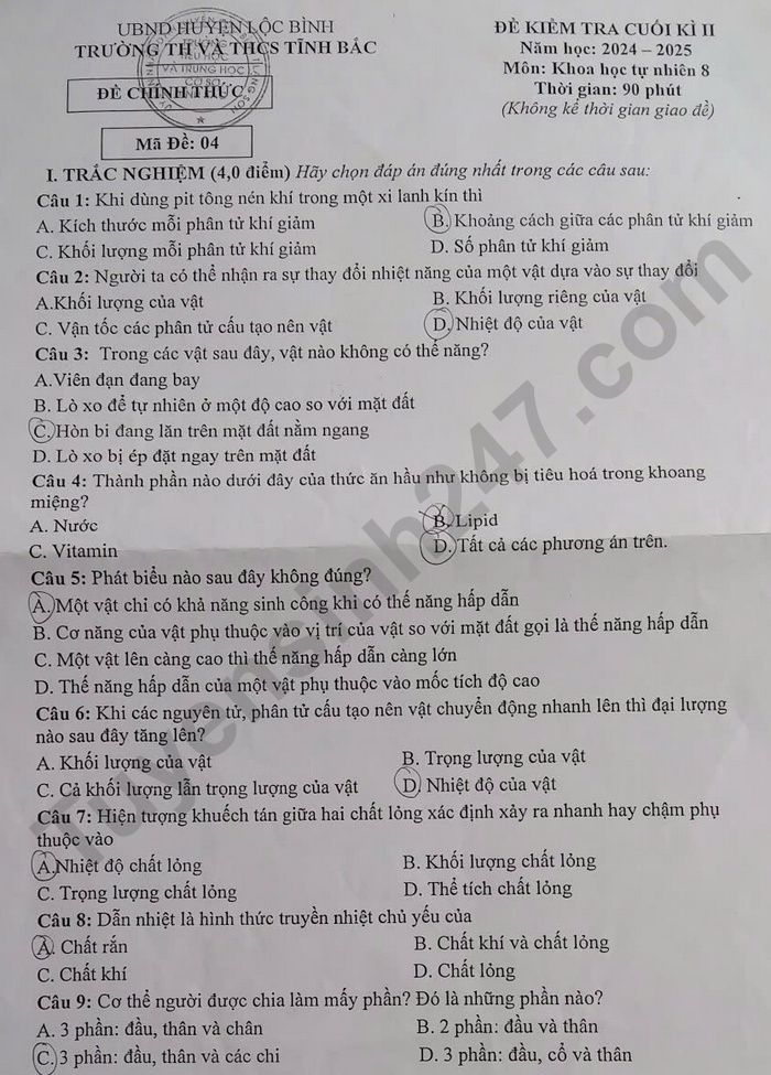 De thi cuoi ki 2 mon Khoa hoc tu nhien lop 8 - TH&THCS Tinh Bac 2025