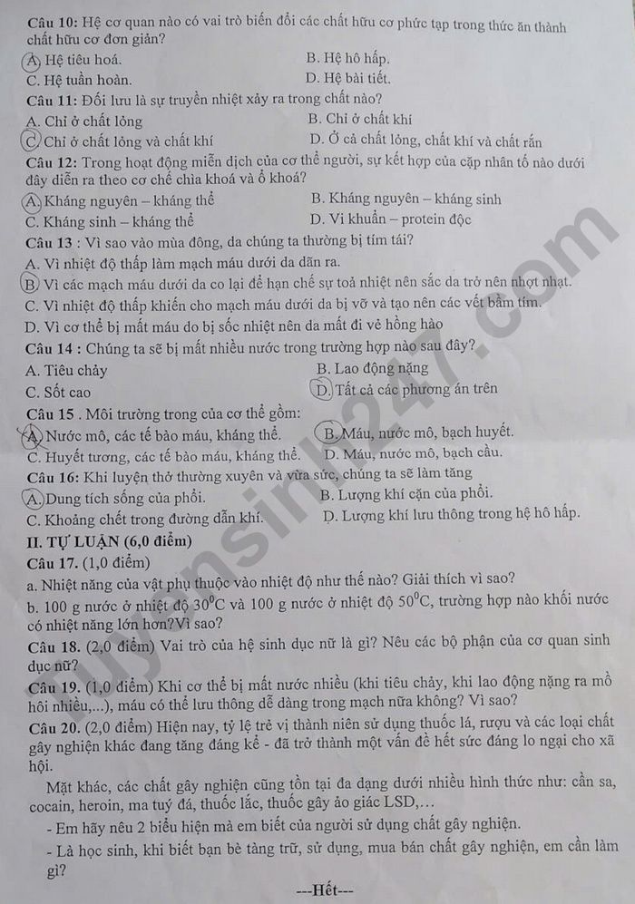 De thi cuoi ki 2 mon Khoa hoc tu nhien lop 8 - TH&THCS Tinh Bac 2025