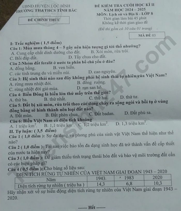 De thi hoc ki 2 nam 2025 TH&THCS Tinh Bac - lop 8 mon Su Dia