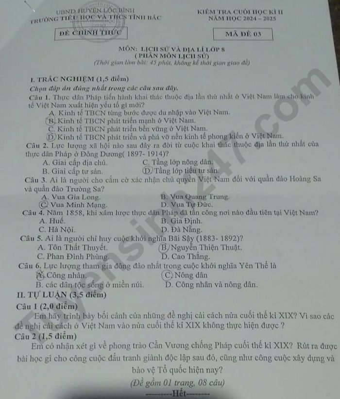 De thi hoc ki 2 nam 2025 TH&THCS Tinh Bac - lop 8 mon Su Dia