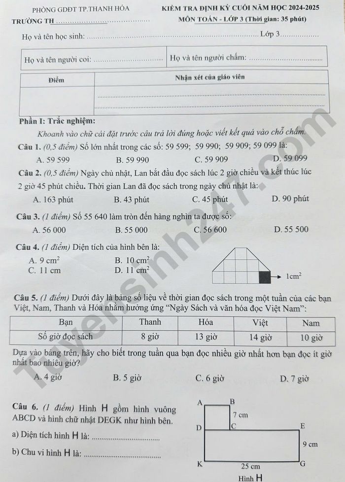 De thi hoc ki 2 nam 2025 mon Toan lop 3 - TP Thanh Hoa