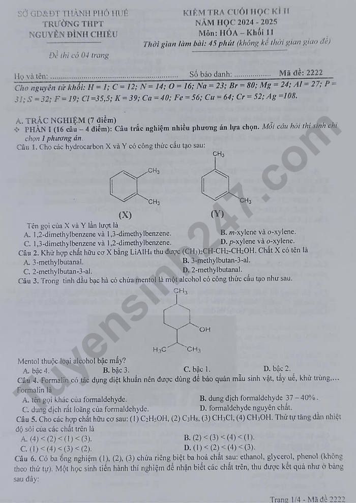 De thi hoc ki 2 lop 11 mon Hoa 2025 - THPT Nguyen Dinh Chieu