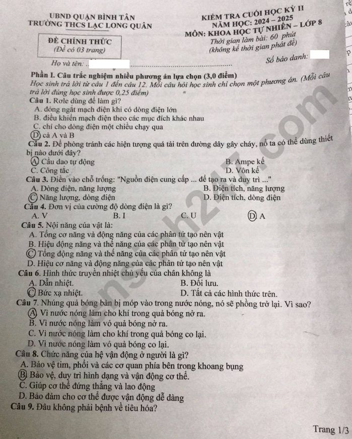 De thi cuoi ki 2 mon Khoa hoc tu nhien lop 8 - THCS Lac Long Quan 2025