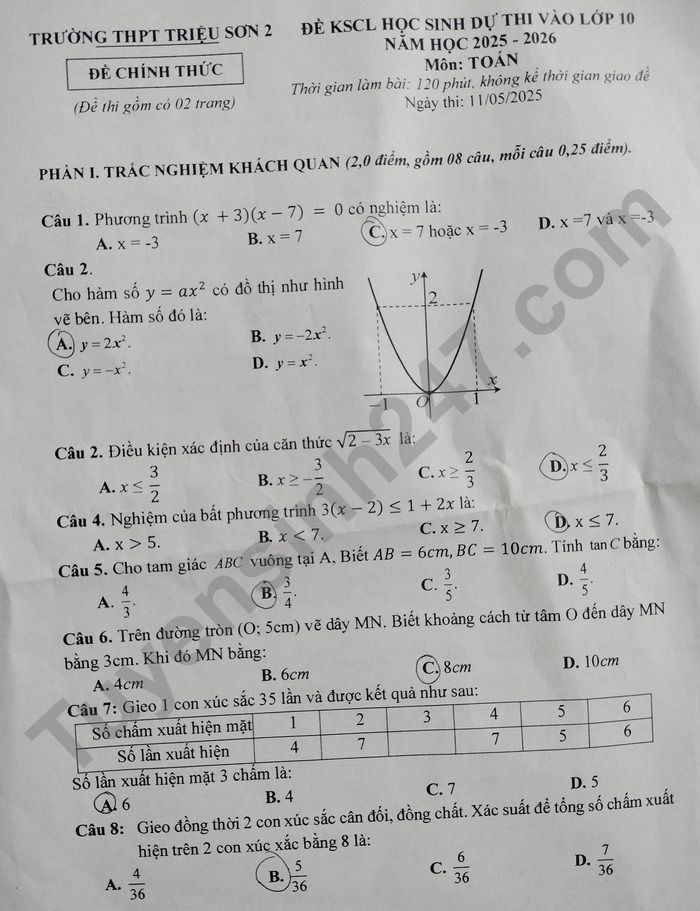 De thi thu vao lop 10 mon Toan 2025 - THPT Trieu Son 2