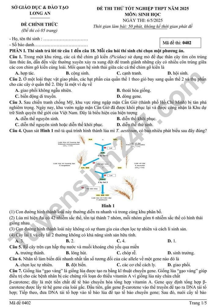 De thi thu mon Sinh tot nghiep THPT nam 2025 - So GDDT Long An