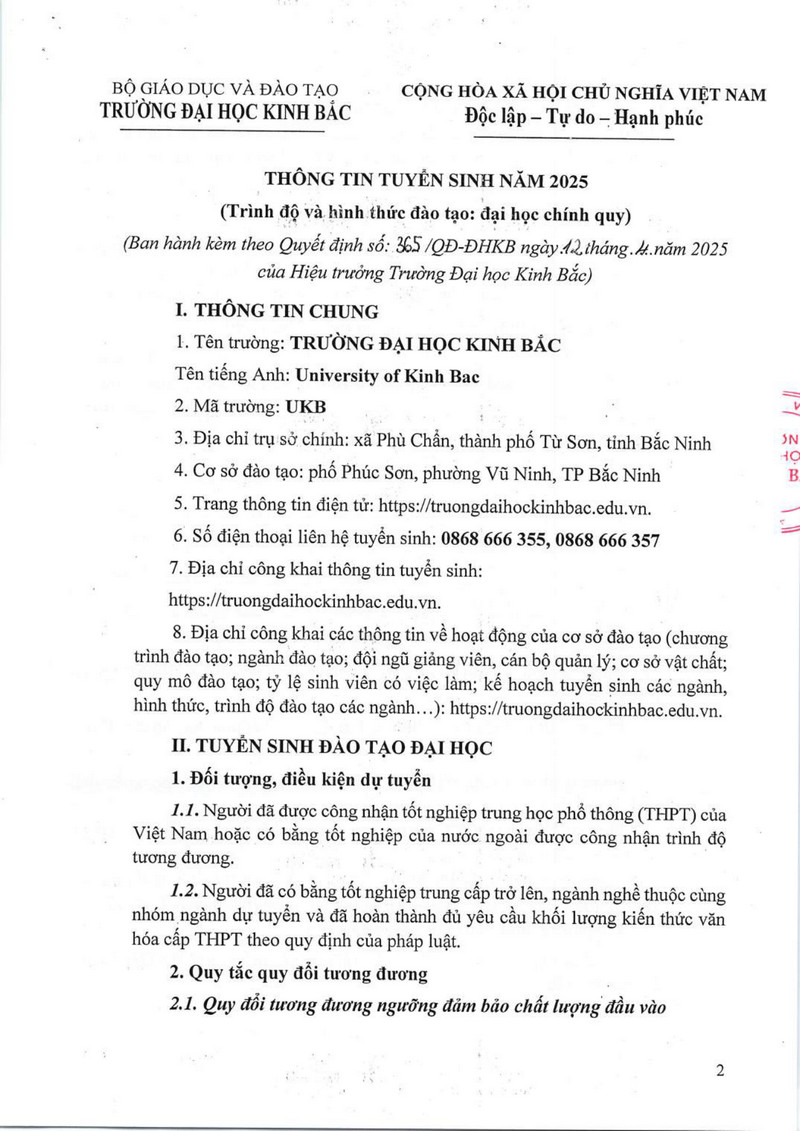 Thong tin tuyen sinh Dai hoc Kinh Bac nam 2025