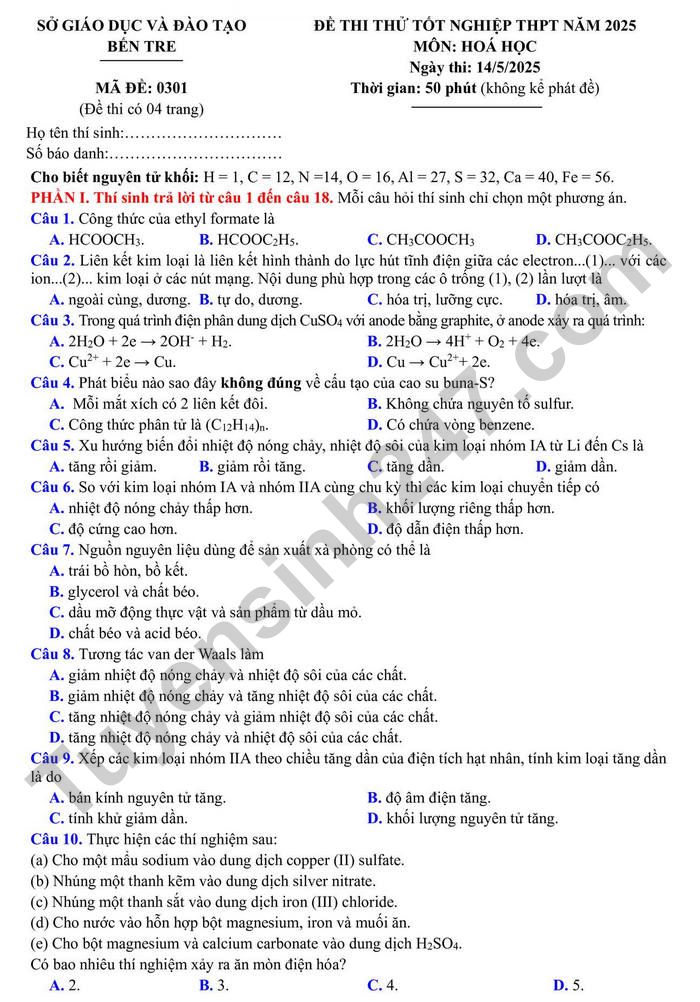De thi thu tot nghiep THPT 2025 mon Hoa - So GD Ben Tre (co dap an)