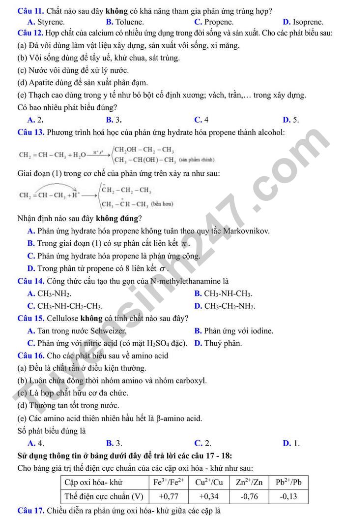 De thi thu tot nghiep THPT 2025 mon Hoa - So GD Ben Tre (co dap an)
