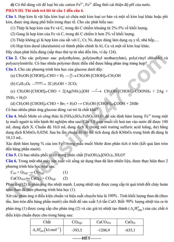 De thi thu tot nghiep THPT 2025 mon Hoa - So GD Ben Tre (co dap an)