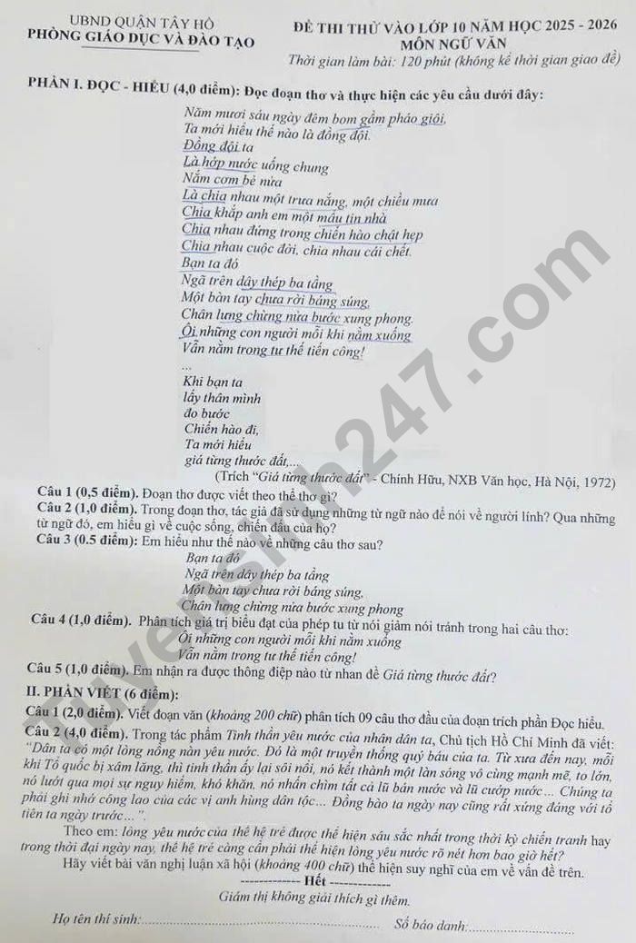 De thi thu vao lop 10 mon Van 2025 - Quan Tay Ho