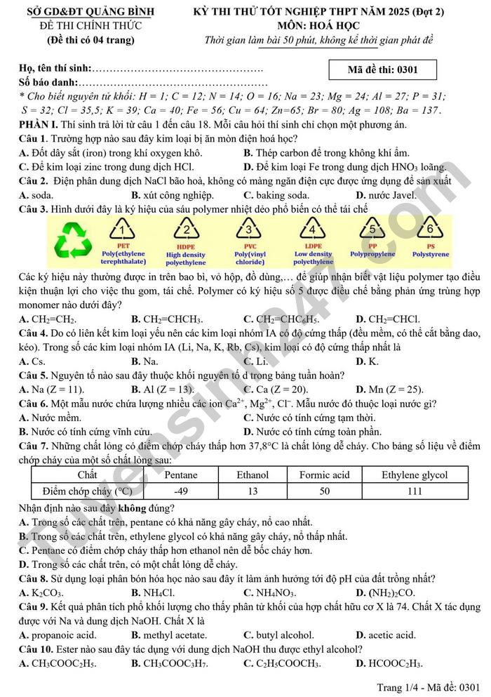 De thi thu TN THPT 2025 dot 2 mon Hoa - So GD Quang Binh