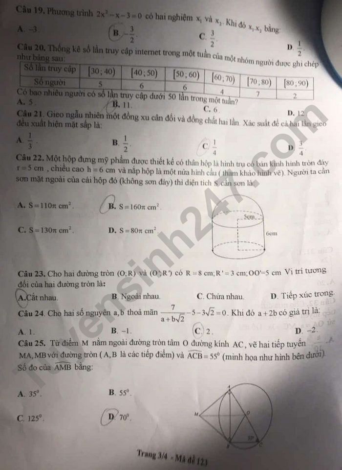 De thi thu vao lop 10 mon Toan 2025 - THCS Yen Phong (lan 3)