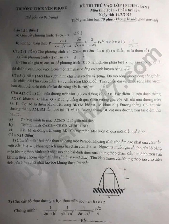 De thi thu vao lop 10 mon Toan 2025 - THCS Yen Phong (lan 3)