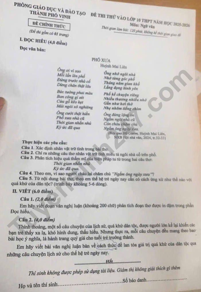 De thi thu vao lop 10 nam 2025 mon Van - Thanh pho Vinh