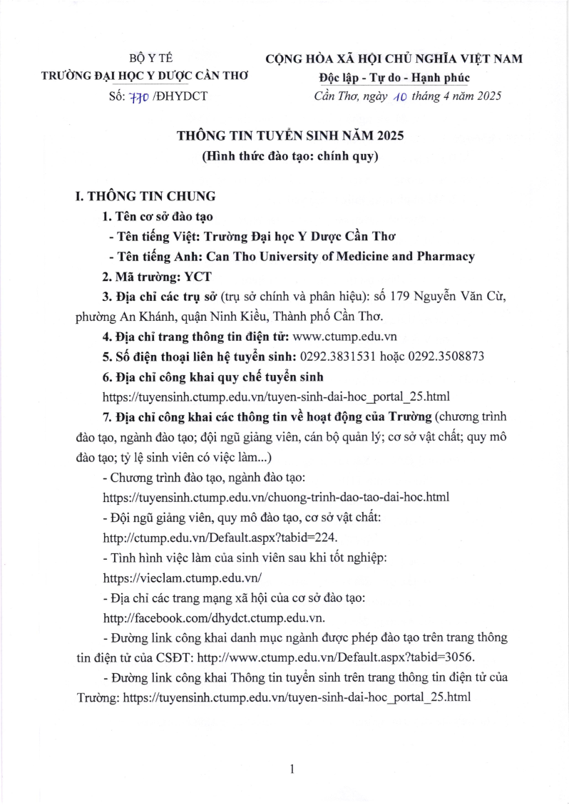 Thong tin tuyen sinh Dai hoc Y duoc Can Tho nam 2025