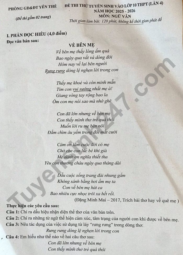 De thi thu vao lop 10 mon Van 2025 - Phong GDDT Yen The (lan 4)