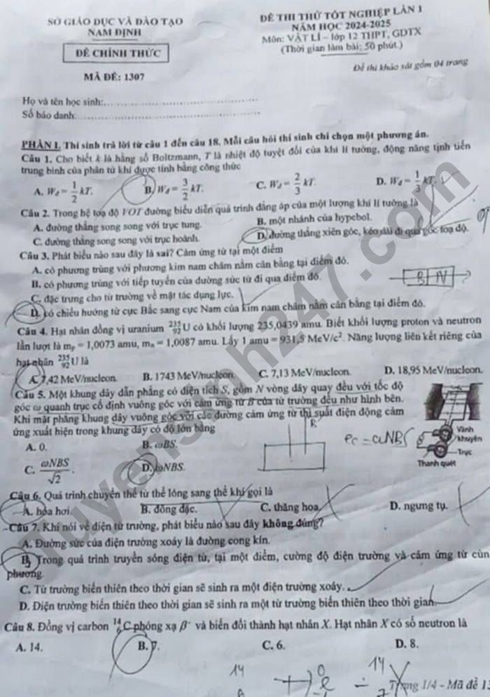De thi thu mon Ly tot nghiep THPT 2025 - So GDDT Nam Dinh (lan 1)