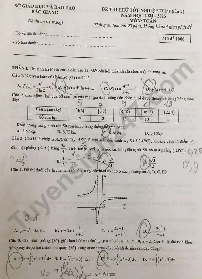 De thi thu mon Toan tot nghiep THPT 2025 - So GDDT Bac Giang (lan 2)