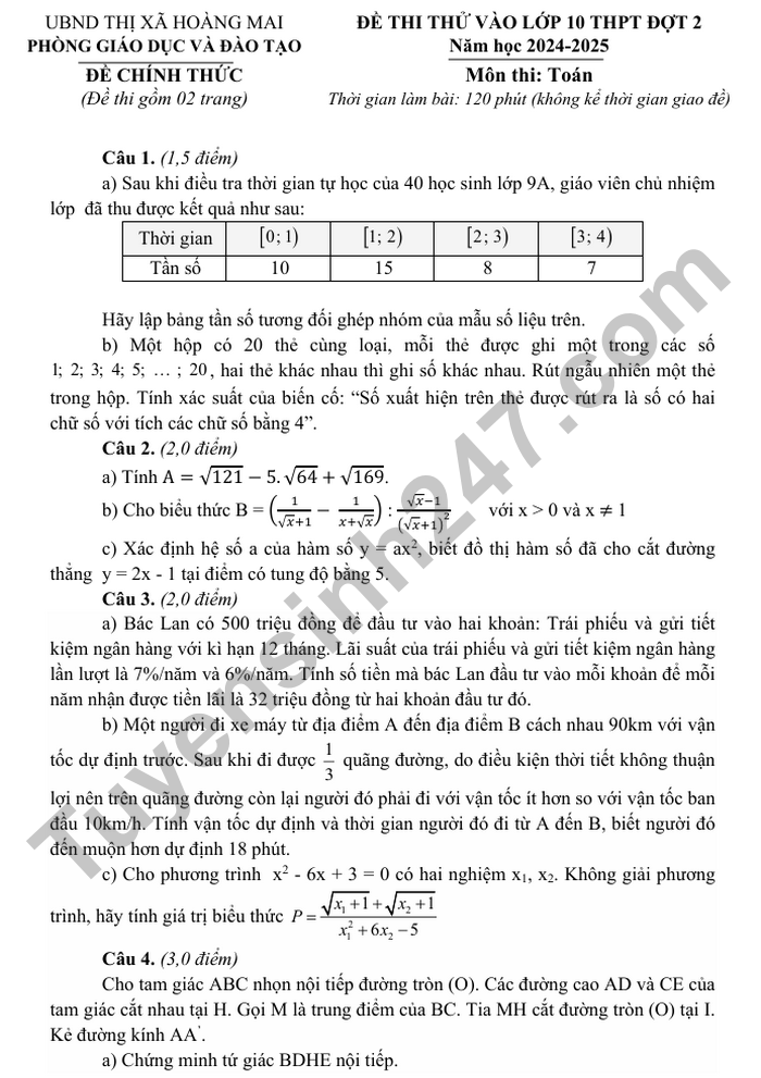 De thi thu mon Toan vao lop 10 nam 2025 - TX Hoang Mai (dot 2)