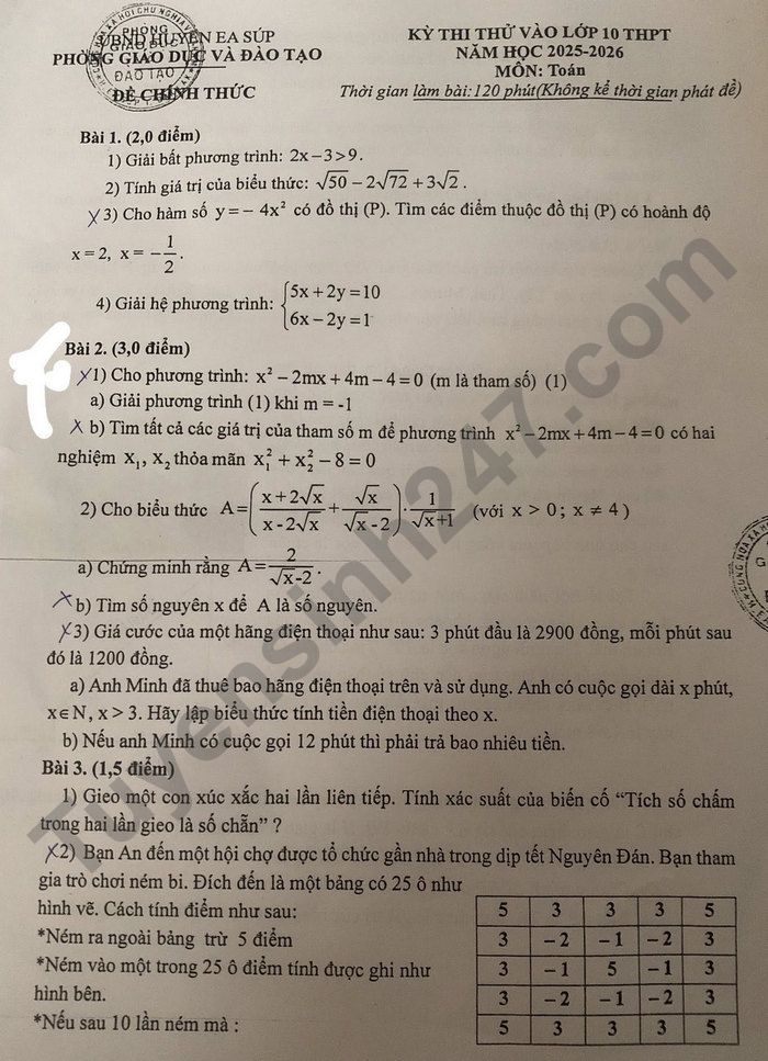 De thi thu mon Toan vao lop 10 nam 2025 - Phong GDDT Ea Sup