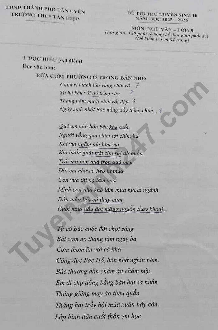 De thi thu vao lop 10 mon Van 2025 - THCS Tan Hiep
