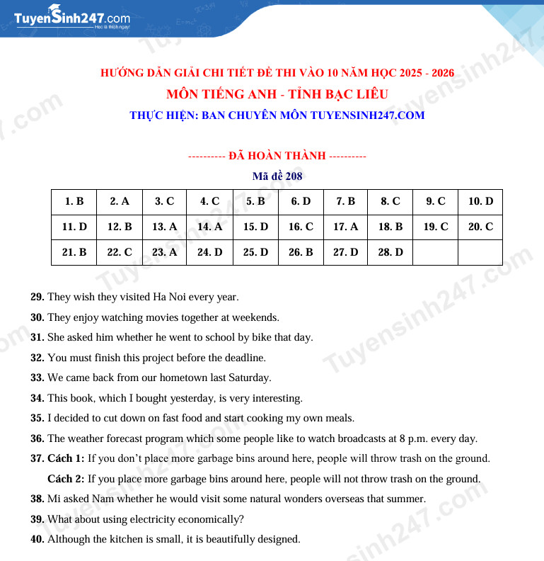 Dap an de thi vao lop 10 mon Anh - Bac Lieu 2025