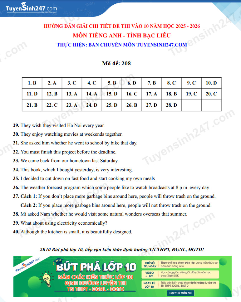 Dap an de thi vao lop 10 mon Anh - Bac Lieu 2025
