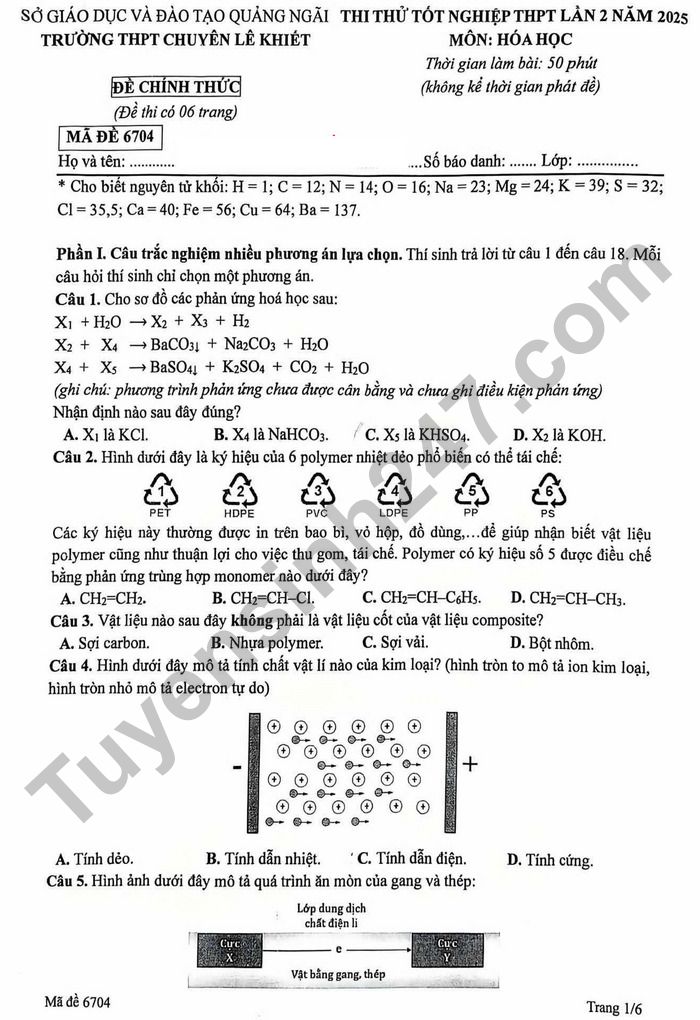 De thi thu mon Hoa tot nghiep THPT 2025 - THPT Chuyen Le Khiet (lan 2)