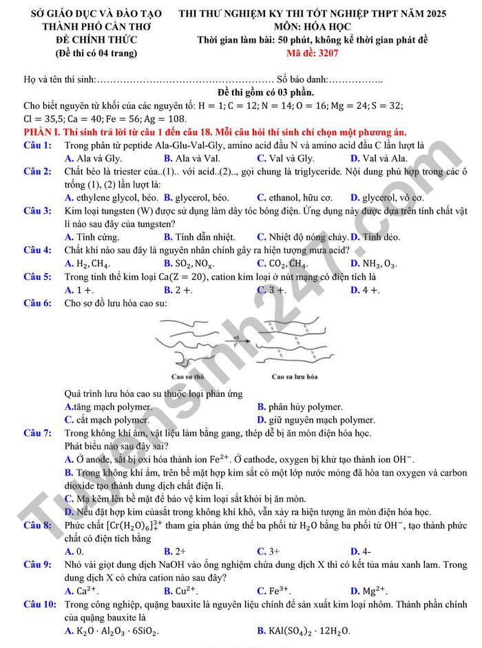 De thi thu tot nghiep THPT 2025 mon Hoa - TP Can Tho