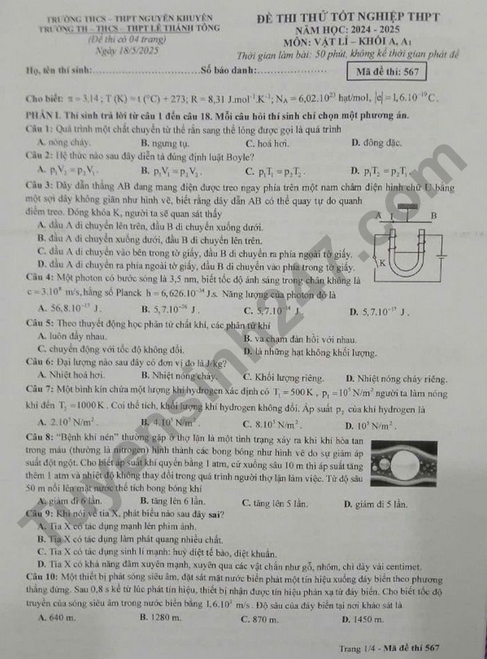 De thi thu TN THPT 2025 mon Ly - THPT Nguyen Khuyen va THPT Le Thanh Tong (co dap an)
