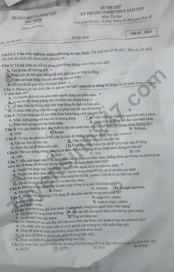 De thi thu tot nghiep THPT nam 2025 mon Tin - So GDDT Bac Ninh