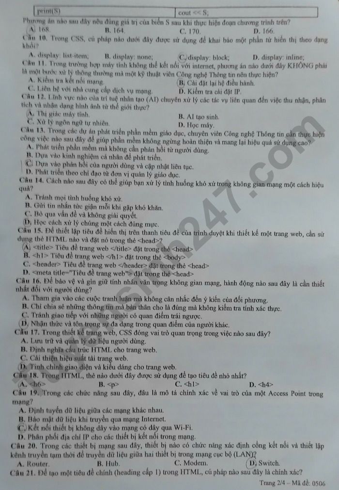 De thi thu tot nghiep THPT mon Tin 2025 - So GD&DT Ben Tre