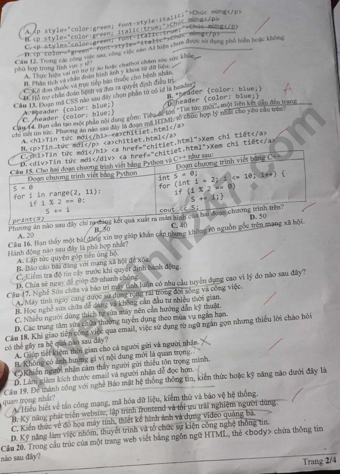 De thi thu tot nghiep THPT nam 2025 mon Tin - So GDDT Dong Nai