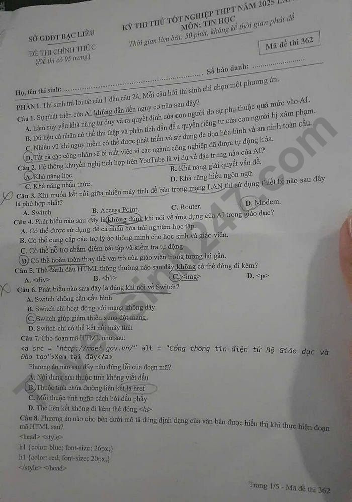 De thi thu TN THPT 2025 mon Tin - So GDDT Bac Lieu