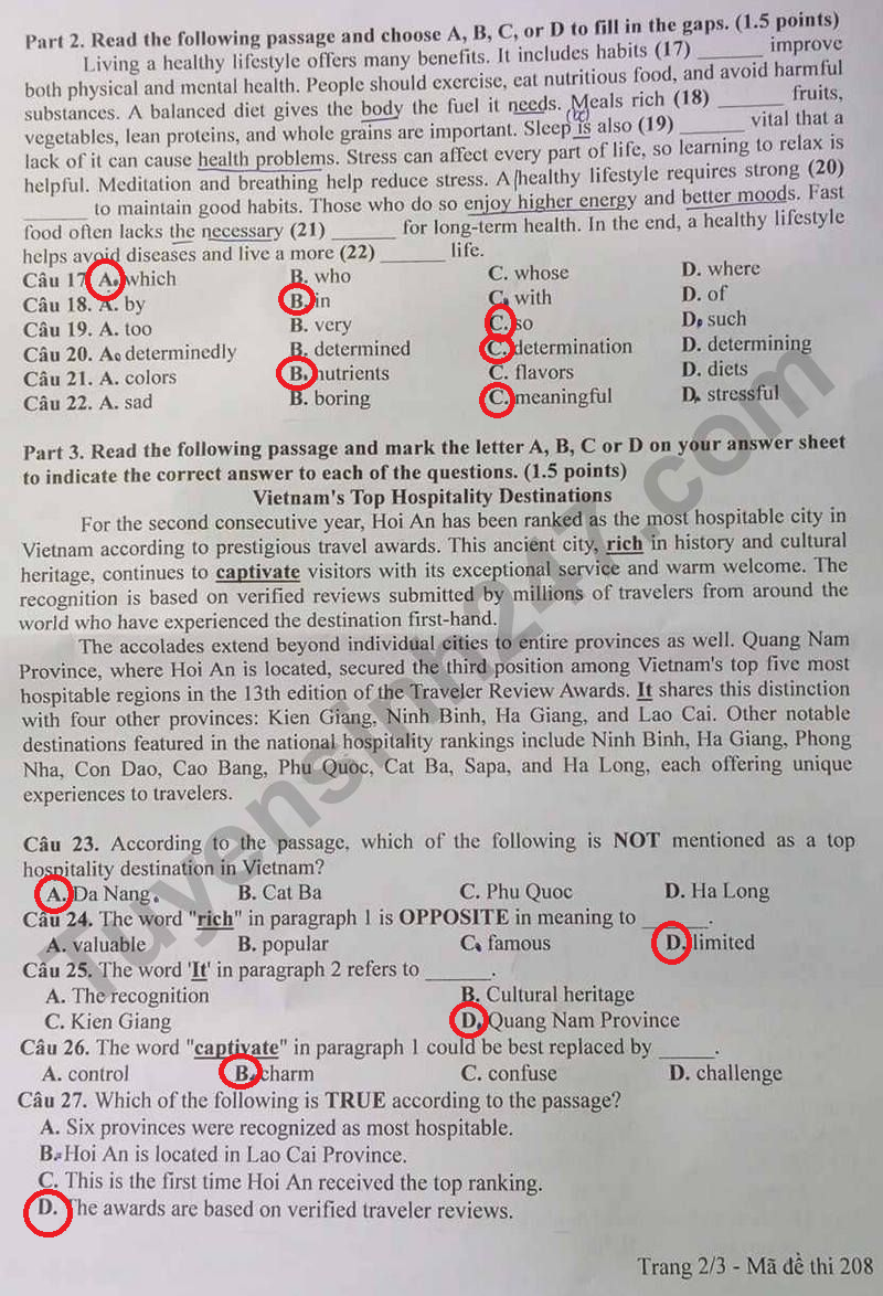 Dap an de thi vao lop 10 mon Anh - Bac Lieu 2025