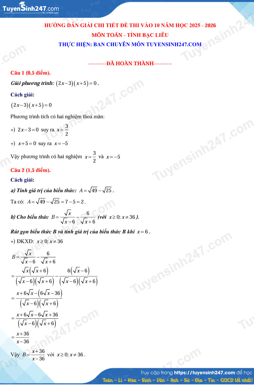 Dap an de thi vao lop 10 mon Toan - Bac Lieu 2025