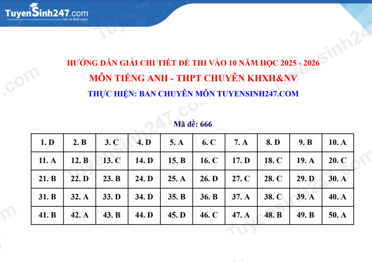 Dap an de thi vao lop 10 mon Anh 2025 - THPT Chuyen KHXH va nhan van HN
