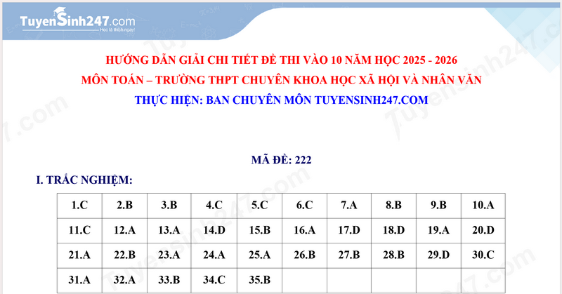 Dap an de thi vao lop 10 mon Toan 2025 - THPT Chuyen Khoa hoc xa hoi va nhan van HN