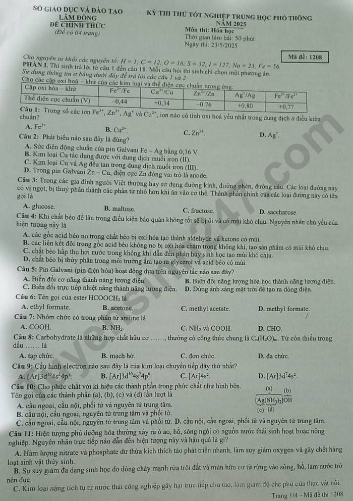 De thi thu tot nghiep THPT 2025 mon Hoa - So GDDT Lam Dong