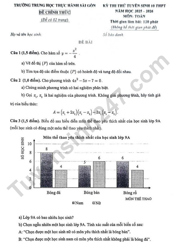 De thi thu vao lop 10 nam 2025 mon Toan - Truong Trung hoc Thuc hanh Sai Gon