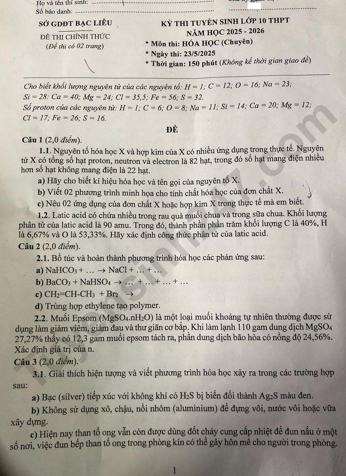 De thi vao lop 10 mon Hoa chuyen 2025 - Bac Lieu
