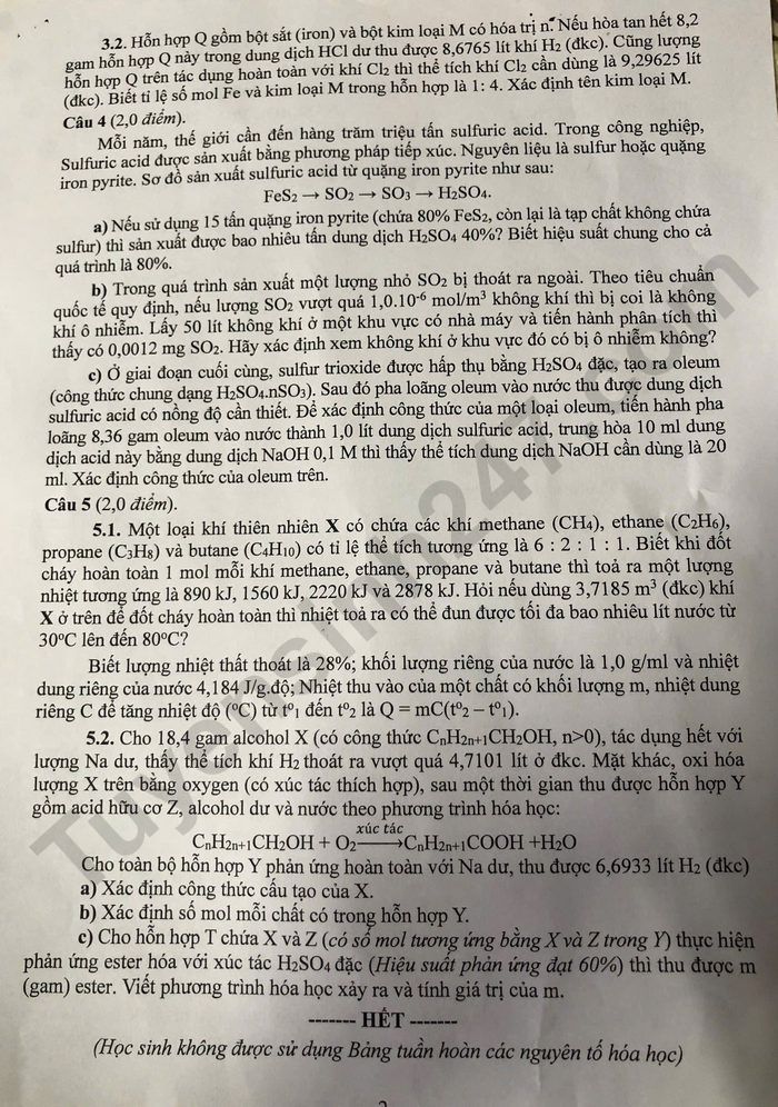 De thi vao lop 10 mon Hoa chuyen 2025 - Bac Lieu