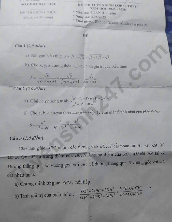 De thi vao lop 10 Bac Lieu 2025 - mon Toan chuyen