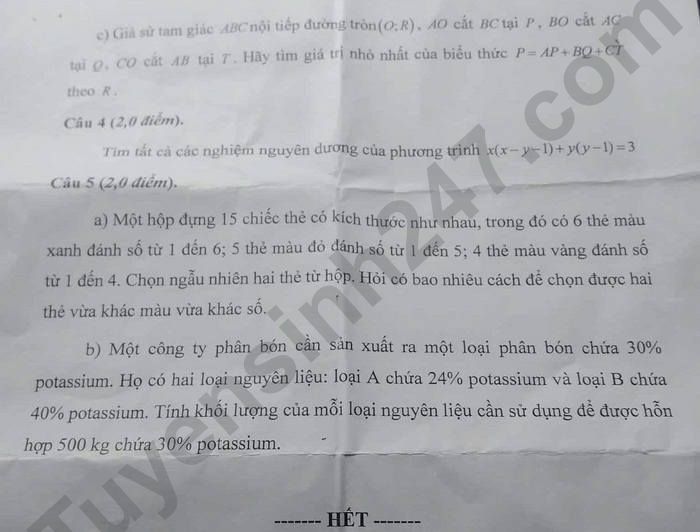 De thi vao lop 10 Bac Lieu 2025 - mon Toan chuyen