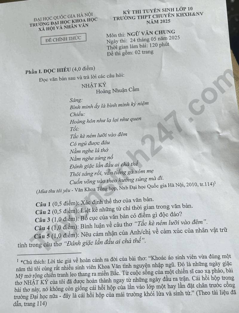 Dap an de thi vao lop 10 mon Van - THPT chuyen Khoa hoc xa hoi va Nhan van Ha Noi 2025