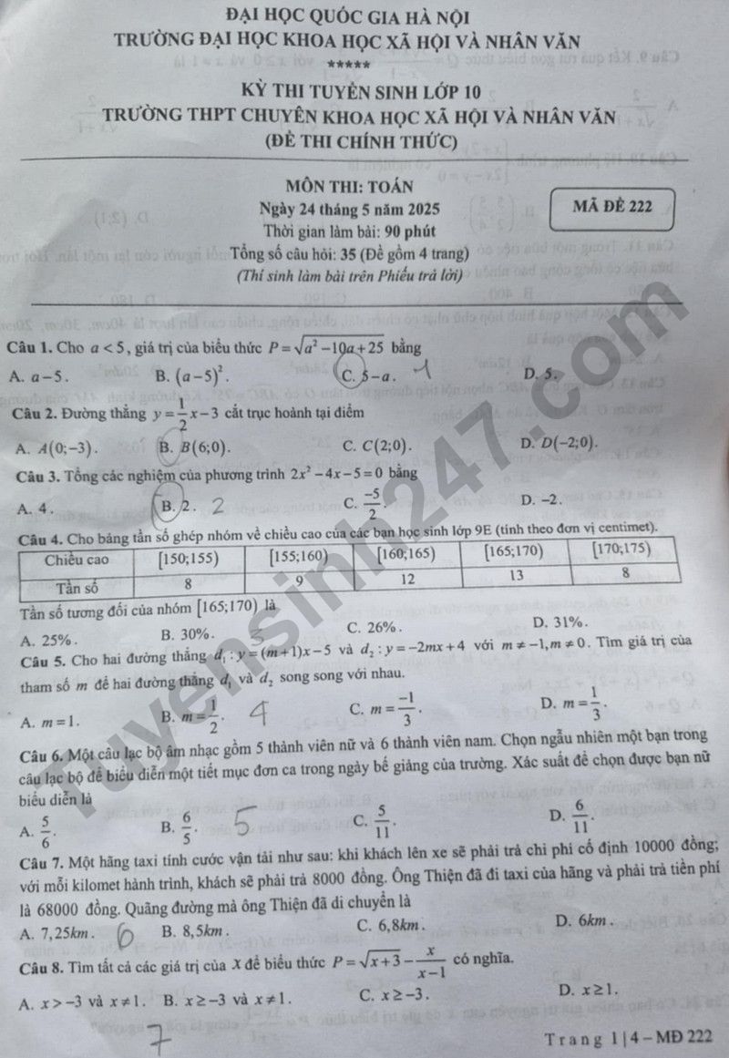 Dap an de thi vao lop 10 mon Toan 2025 - THPT Chuyen Khoa hoc xa hoi va nhan van HN