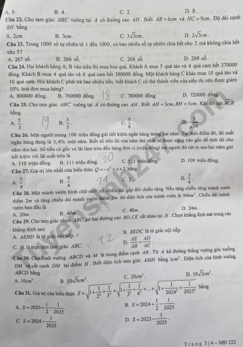 Dap an de thi vao lop 10 mon Toan 2025 - THPT Chuyen Khoa hoc xa hoi va nhan van HN