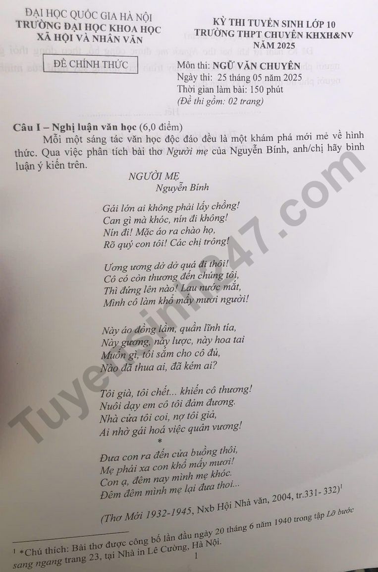 De thi vao lop 10 mon Van chuyen 2025 - THPT Chuyen KHXHNV HN