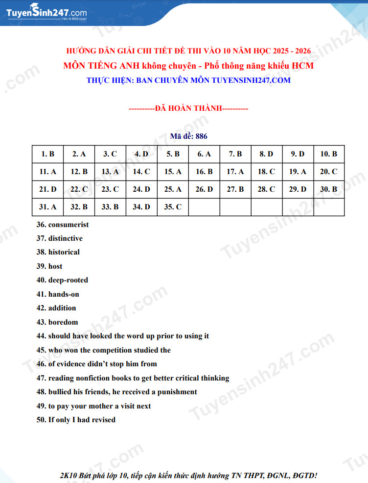 Dap an de thi vao lop 10 nam 2025 mon Anh khong chuyen - Pho thong nang khieu HCM