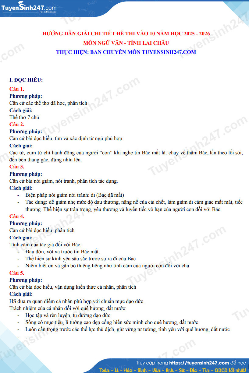 Dap an de thi vao lop 10 mon Van - Lai Chau 2025